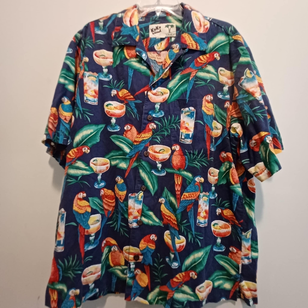 Vintage Hawaiian Shirt Mens Lg Koko‎ Island USA Made Parrot Floral Drinks Blue